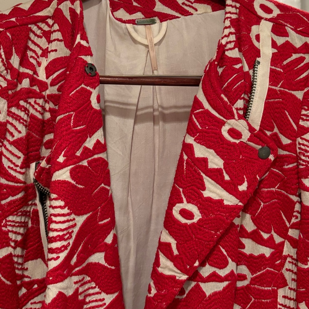 Free People Size 6 Embroidered Long Moto Jacket RED